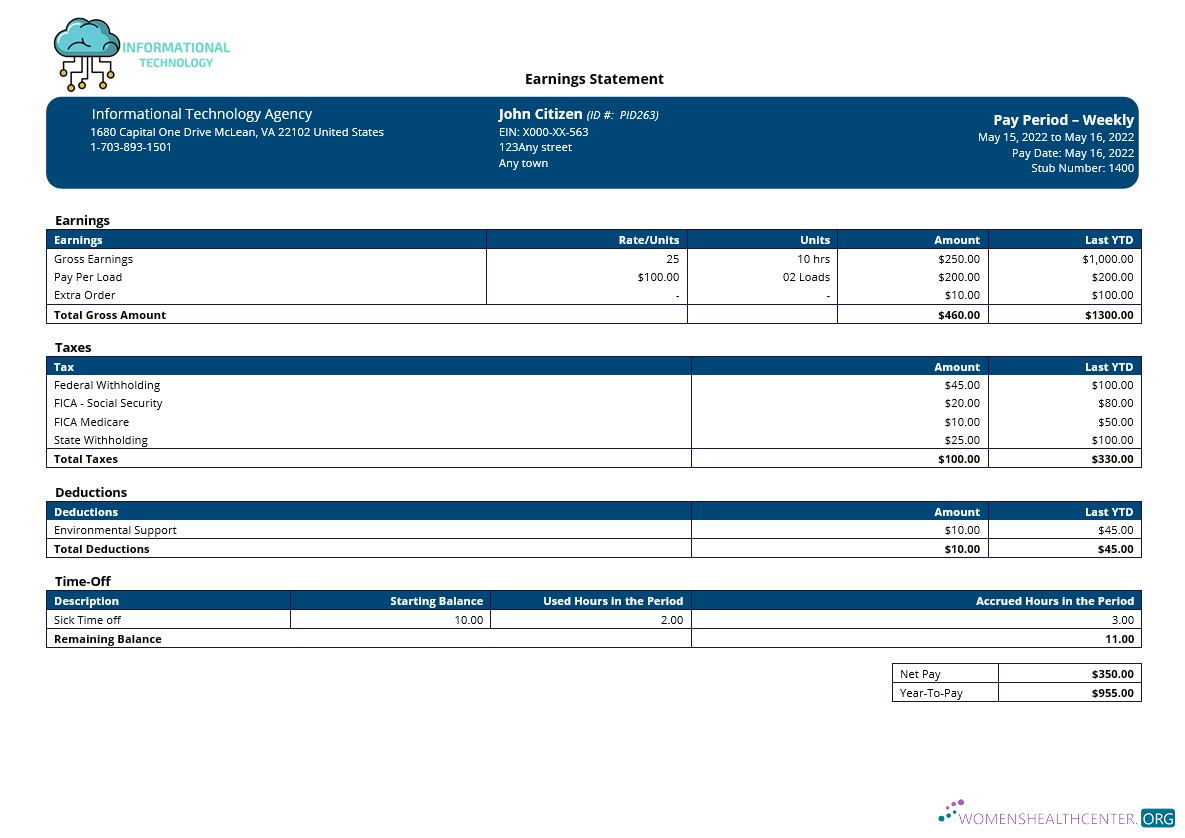 Download information technology company paystub template in Word and PDF formats Photoshop template